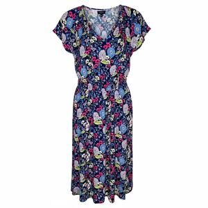 Talbots Women's Size MP Smocked Fit & Flare Floral Dress Split Neck Knee Length